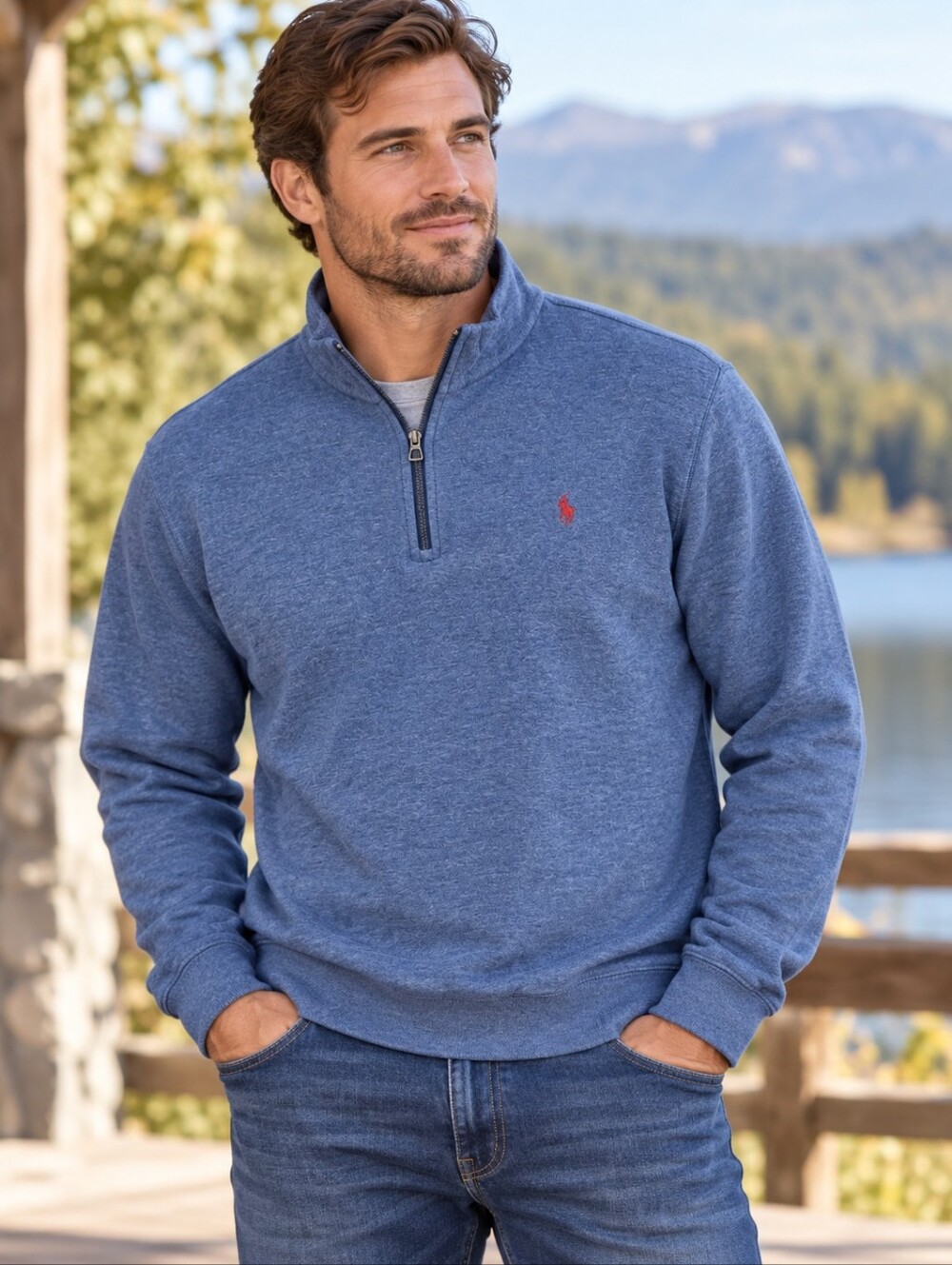 Polo Ralph Lauren Performance Mens Blue 1/4 Zip Pullover Mock Neck Red Pony LG